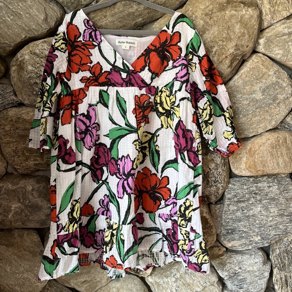 Roller Rabbit Bright Floral Dress Girls Size 6, Light Summer Fall Long Sleeve